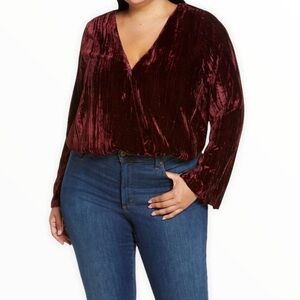 Good American Velvet Wrap Bodysuit Womens 2XL 5 Top Deep V Burgundy